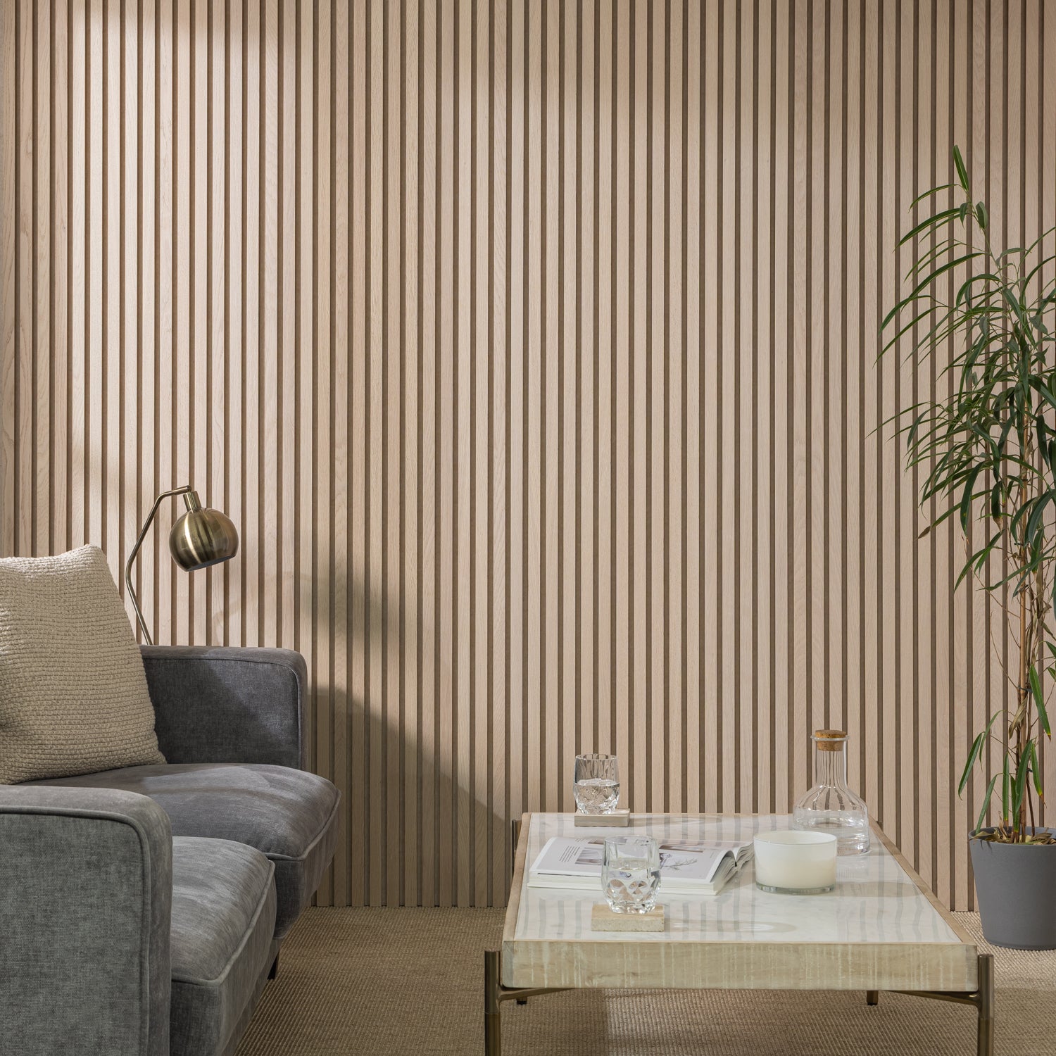 SlatWall Acoustic Washed Oak Panel on Beige Felt