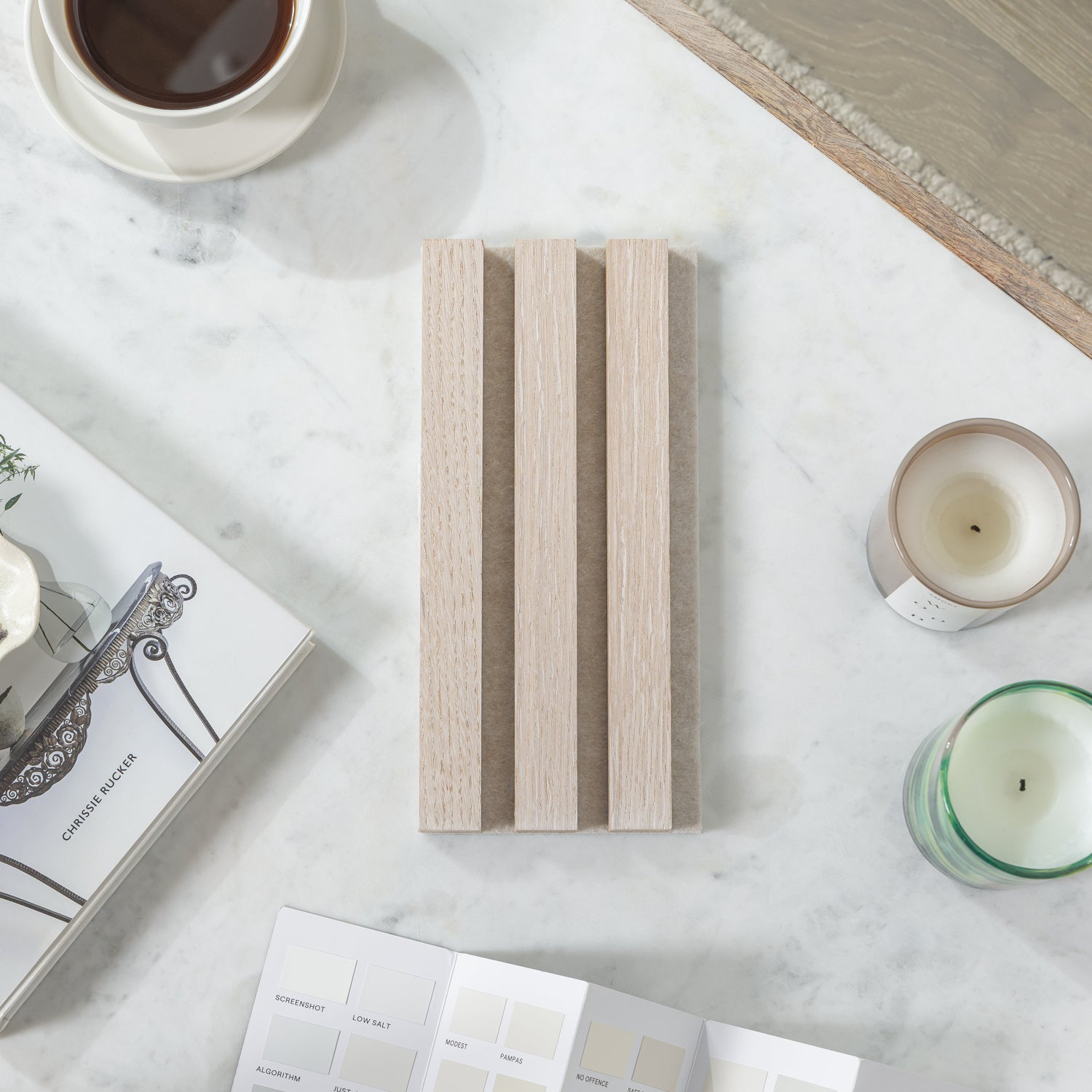 SlatWall Acoustic Whitewashed Oak Sample on Beige Felt