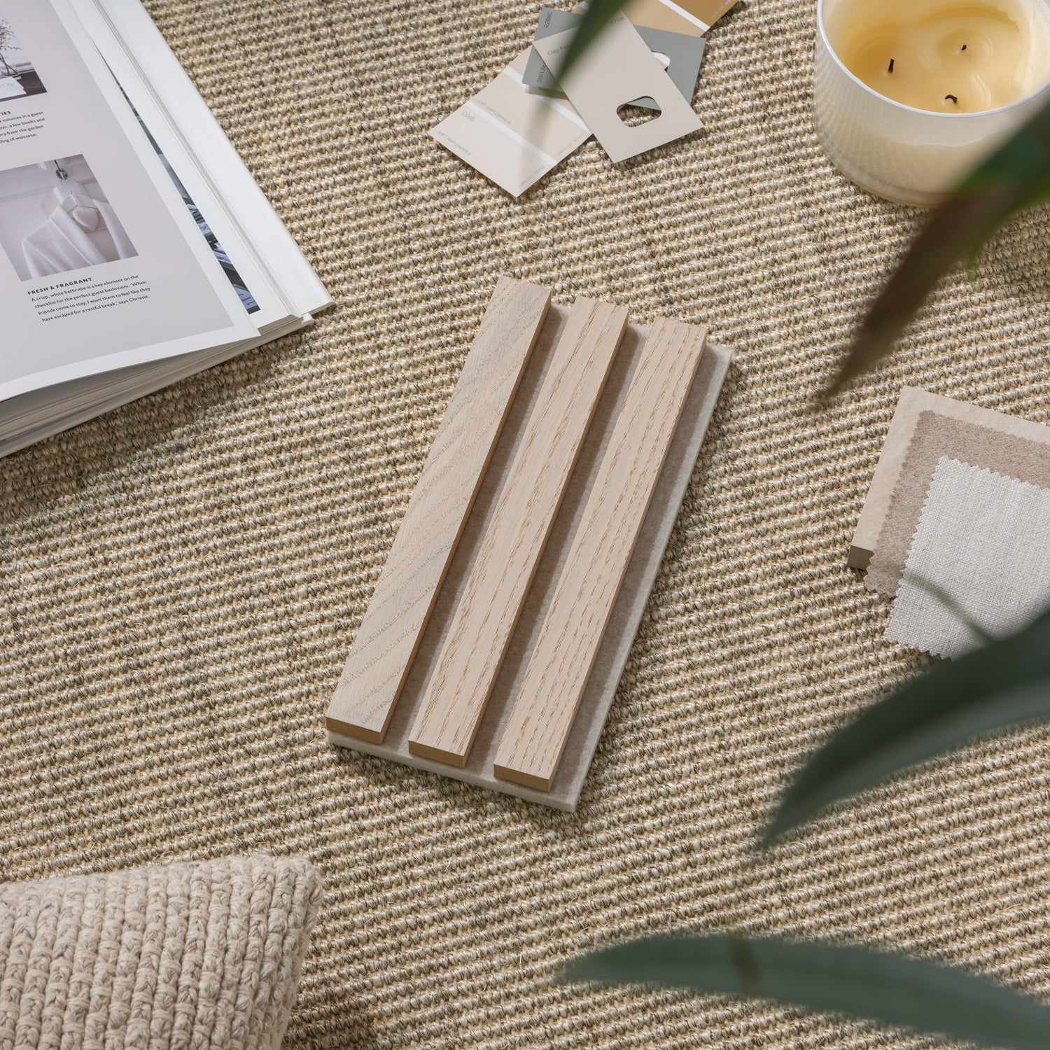 SlatWall Acoustic Washed Oak Sample on Beige Felt