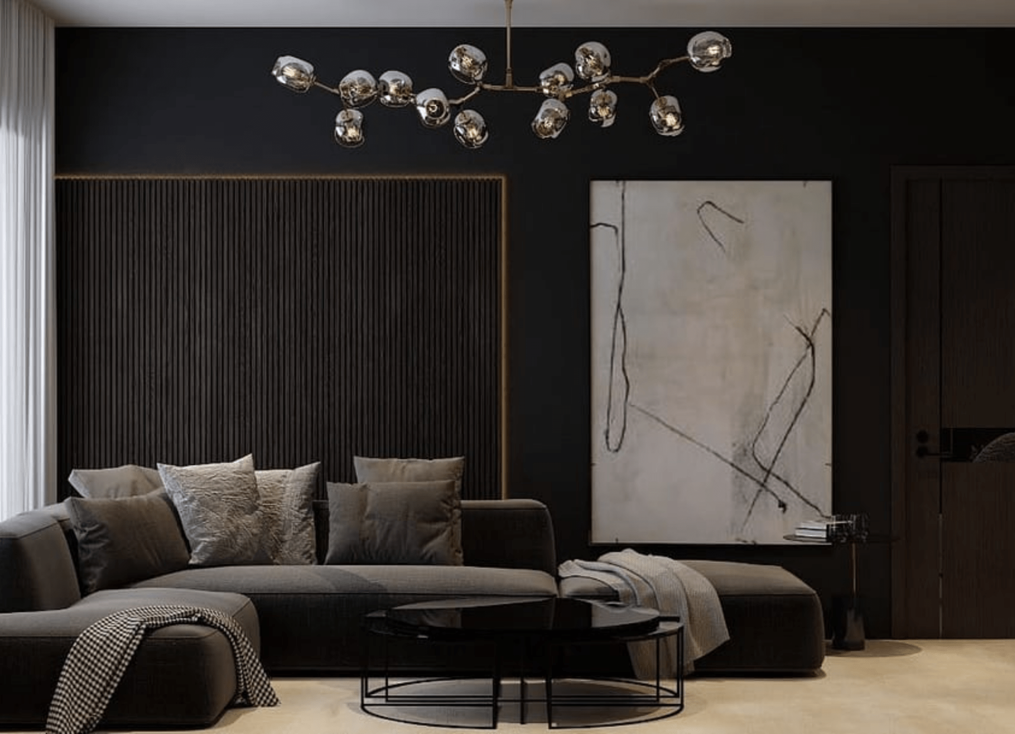 This image shows a grand living room with high ceilings and a dark wooden slatwall. there is a large piece of art hanging next to the slatwall with a large L-shaped sofa and coffee table in front