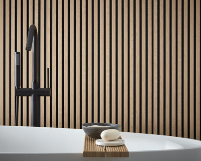 Bathroom interior design featuring SlatWall Waterproof Natural oak and Black behind a white bathtub.