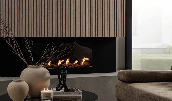 SlatWall Washed Oak panels on a feature wall above a fireplace