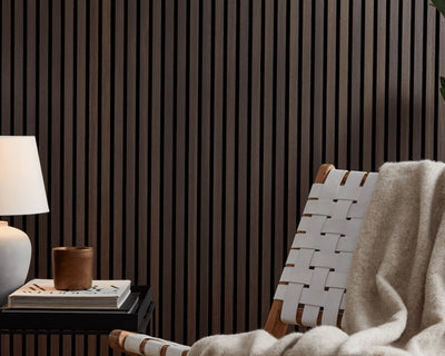 SlatWall Smoked Oak acoustic wood panels on black felt