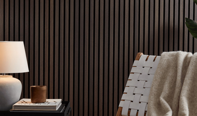 SlatWall Smoked Oak acoustic wood panels on black felt
