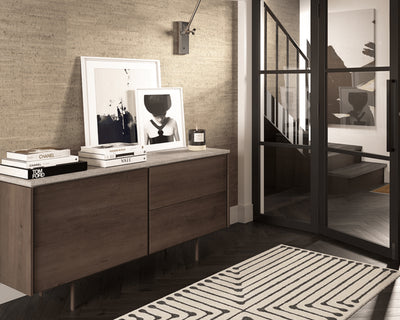 Porto Beige on a hallway wall behind mid century modern side board