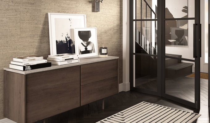 Porto Beige on a hallway wall behind mid century modern side board