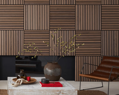 A Japandi-style living room featuring SlatWall Mini Walnut panels in alternating directions on a media wall with a fireplace.