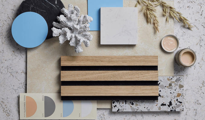 Interior design mood board featuring SlatWall Natural Oak and Black with sky blue, cream and terracotta swatches.