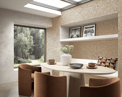 CorkWall Lagos Beige tiles on the wall of a neutral, Japandi style dining room.