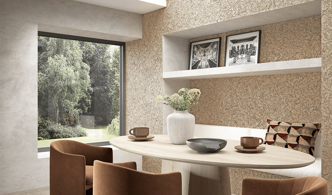 CorkWall Lagos Beige tiles on the wall of a neutral, Japandi style dining room.