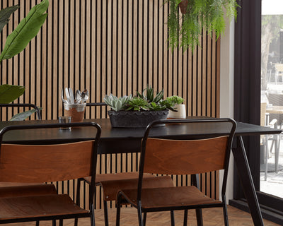 Natural Oak and Black SlatWall on dining room wall