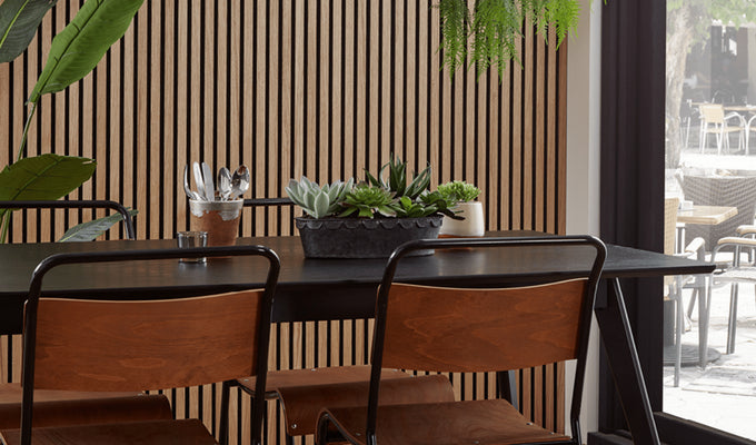 Natural Oak and Black SlatWall on dining room wall