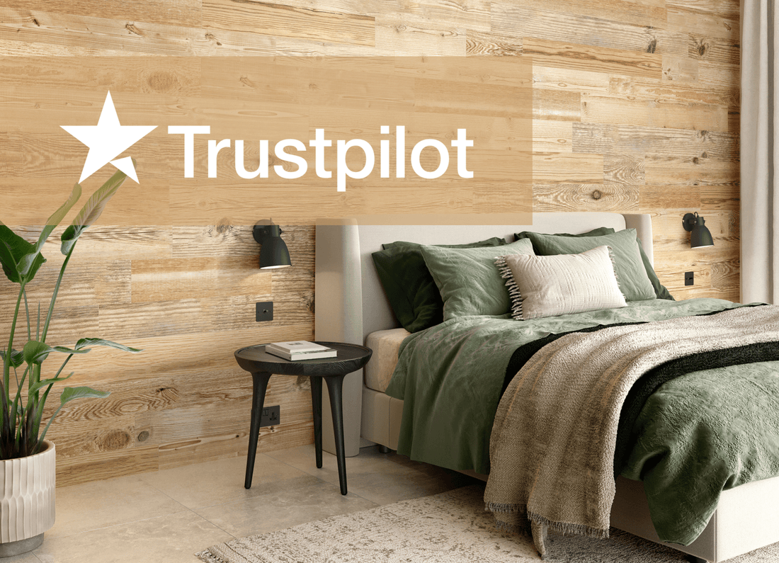 Trustpilot logo on background of Natural Oak Peel and stick room display