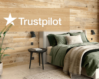 Trustpilot logo on background of Natural Oak Peel and stick room display