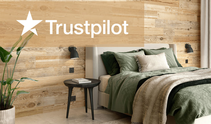 Trustpilot logo on background of Natural Oak Peel and stick room display