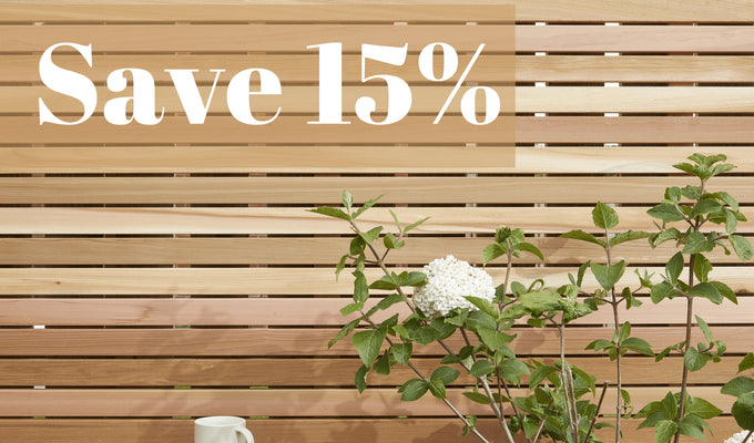 Cedar slatted panels with text: save 15% 