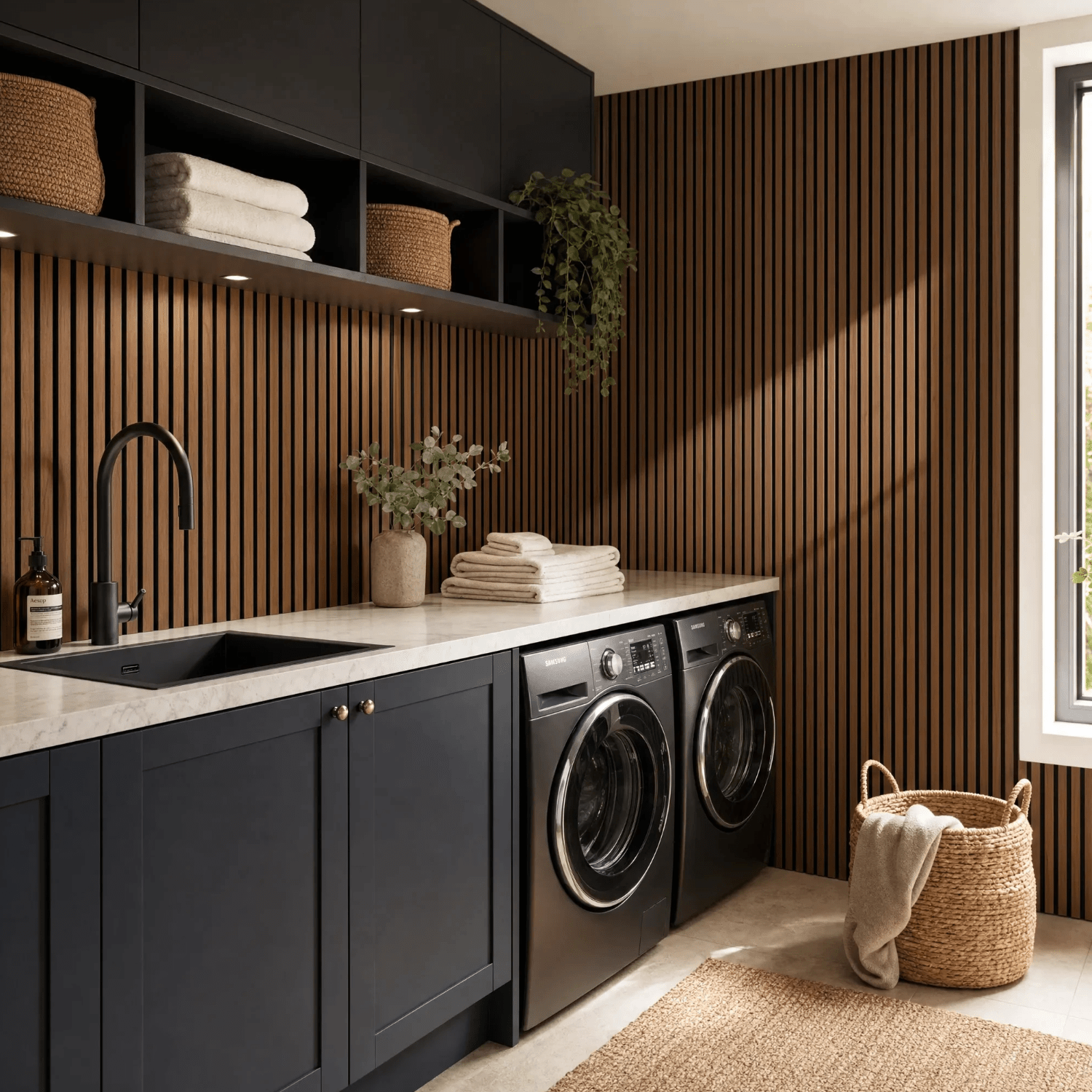 SlatWall Waterproof Walnut and Black Wall Panel