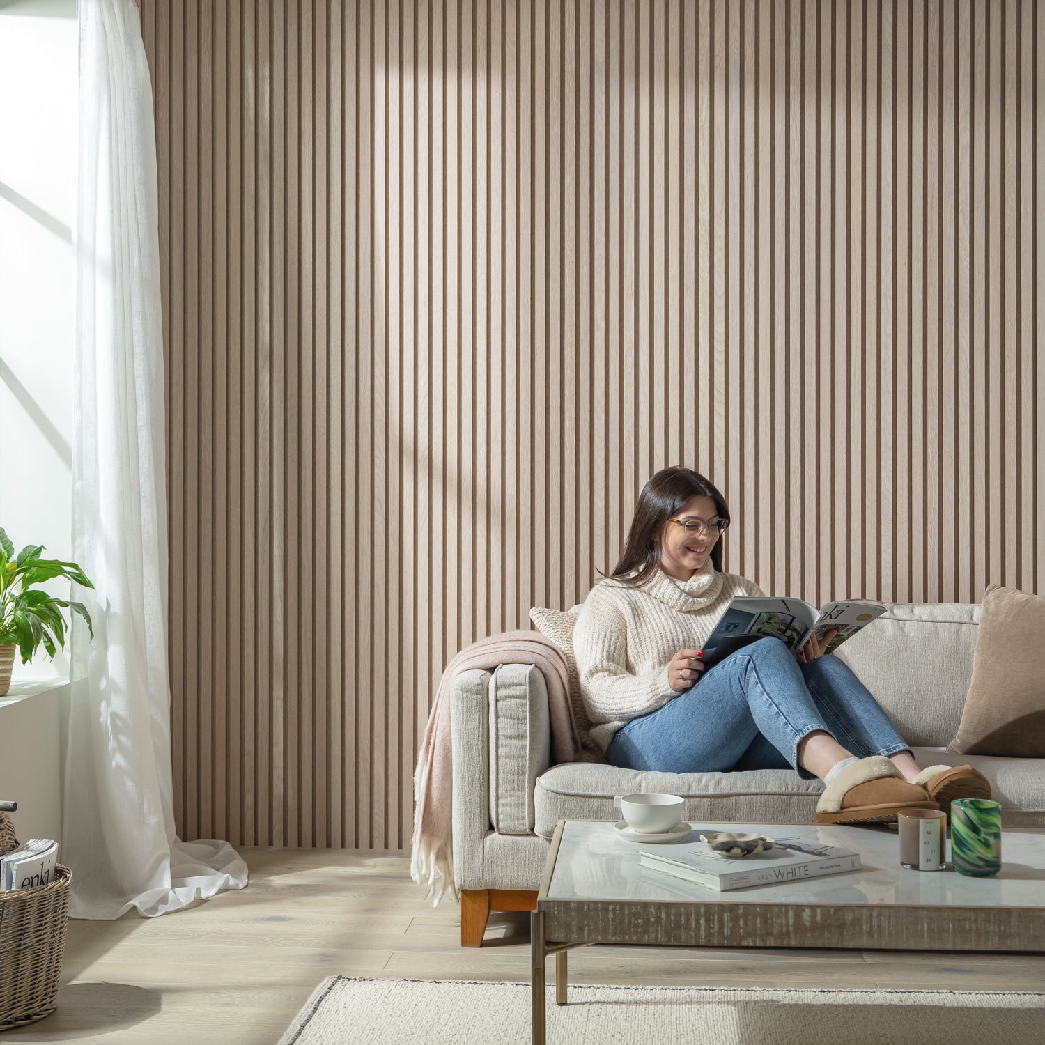 SlatWall Acoustic Whitewashed Oak Panel on Beige Felt