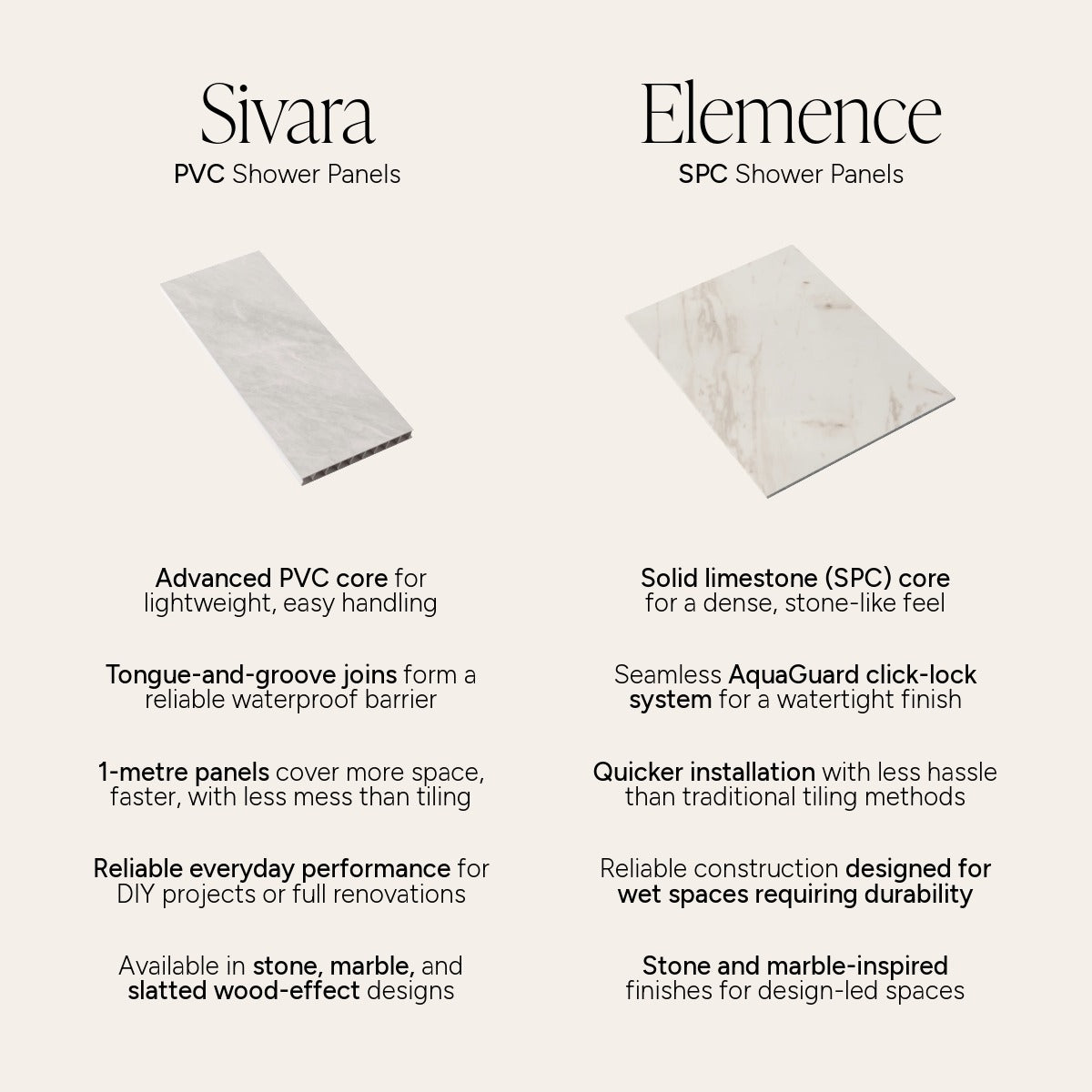 comparison image to show the difference between pvc and spc shower panels 