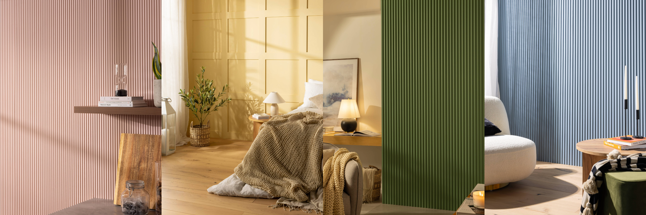 Four different interior design scenes with furniture and decor.