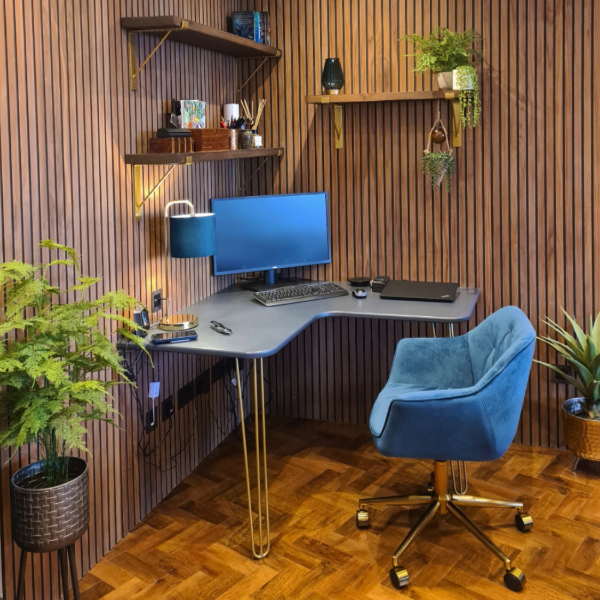 Home office with plants and walunt acoustic wall panelling