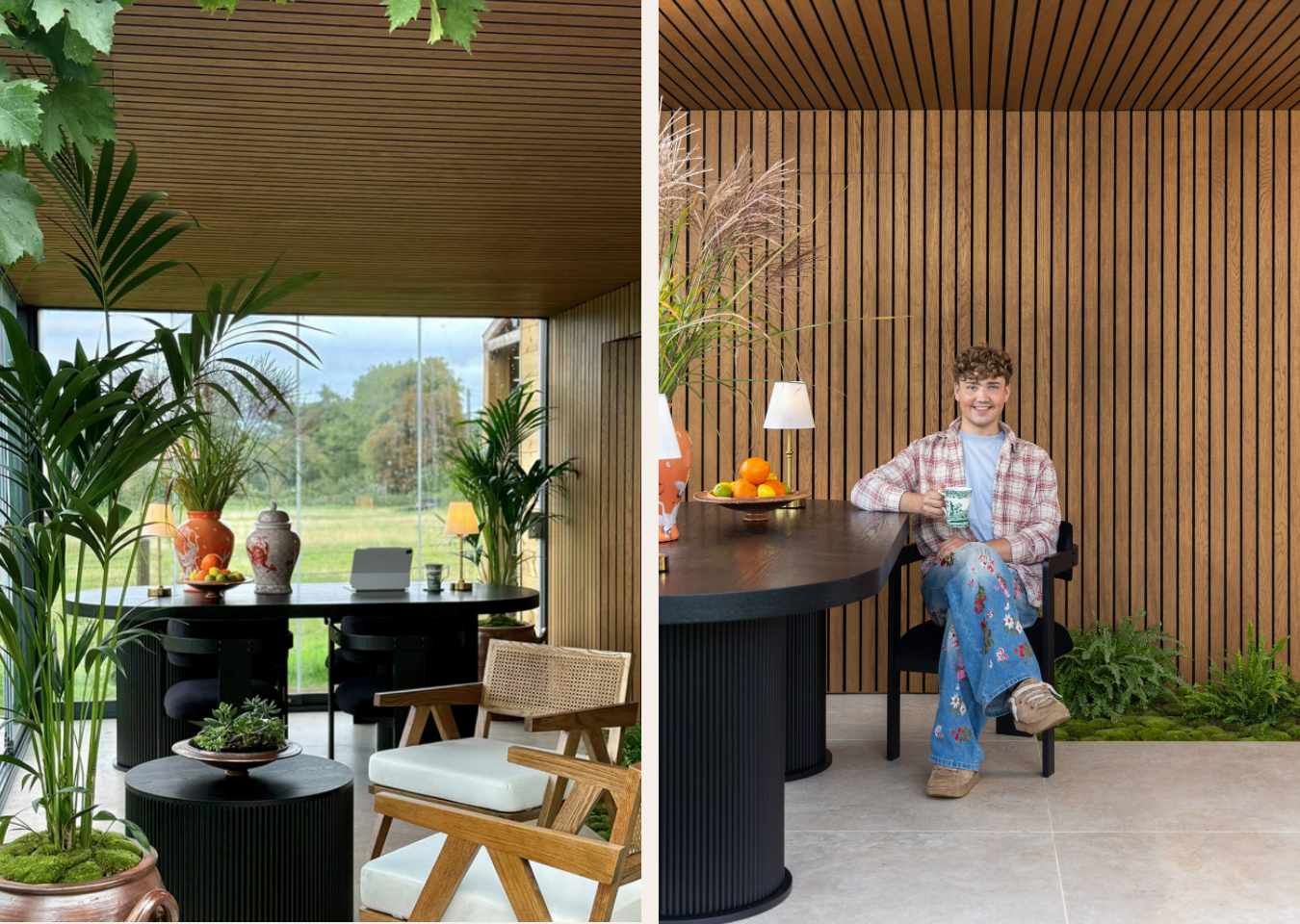 Two images: one of a modern outdoor dining area with plants and furniture, the other of a Jack kinsey interior designer sitting at a table holding a drink.