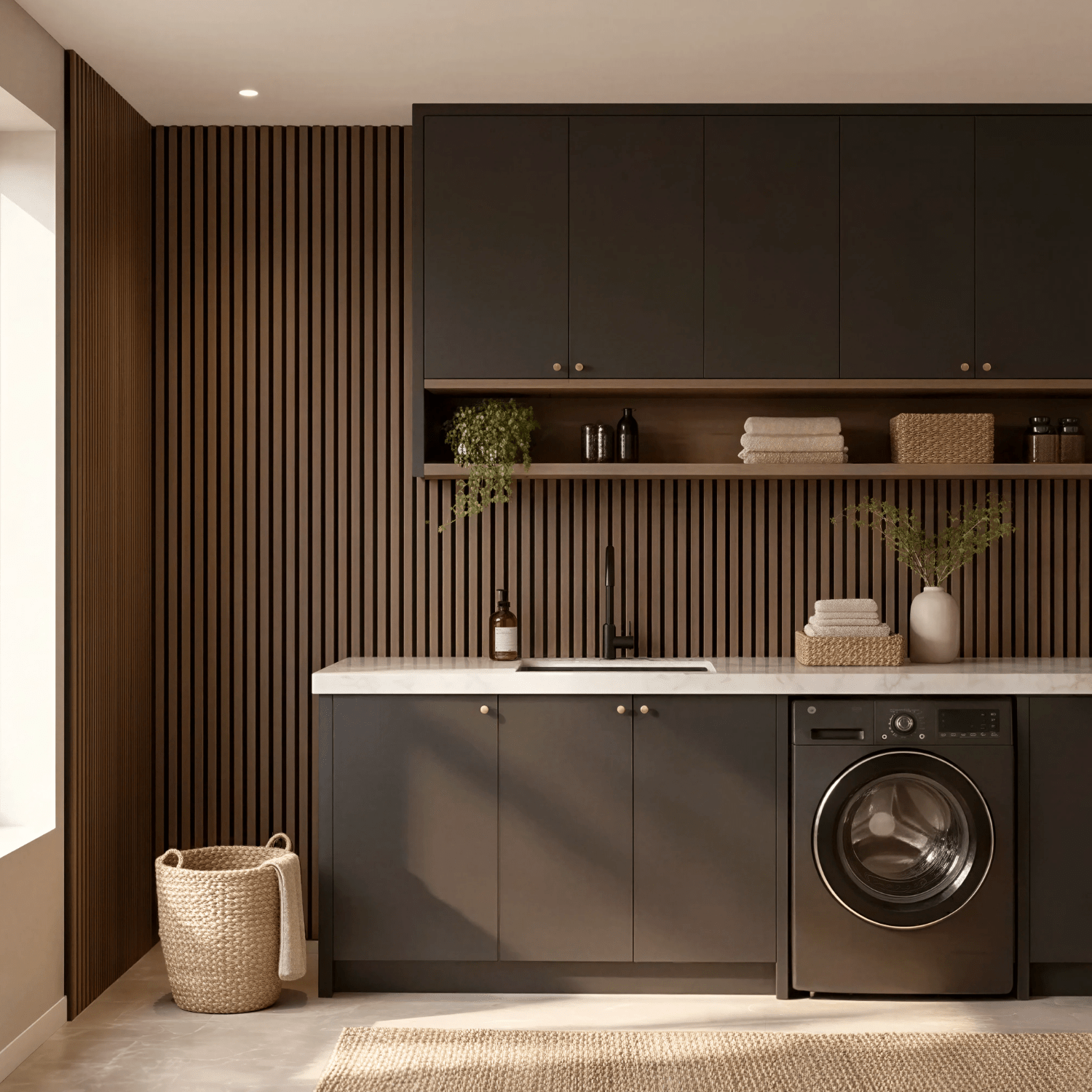 SlatWall Waterproof Walnut and Black Wall Panel