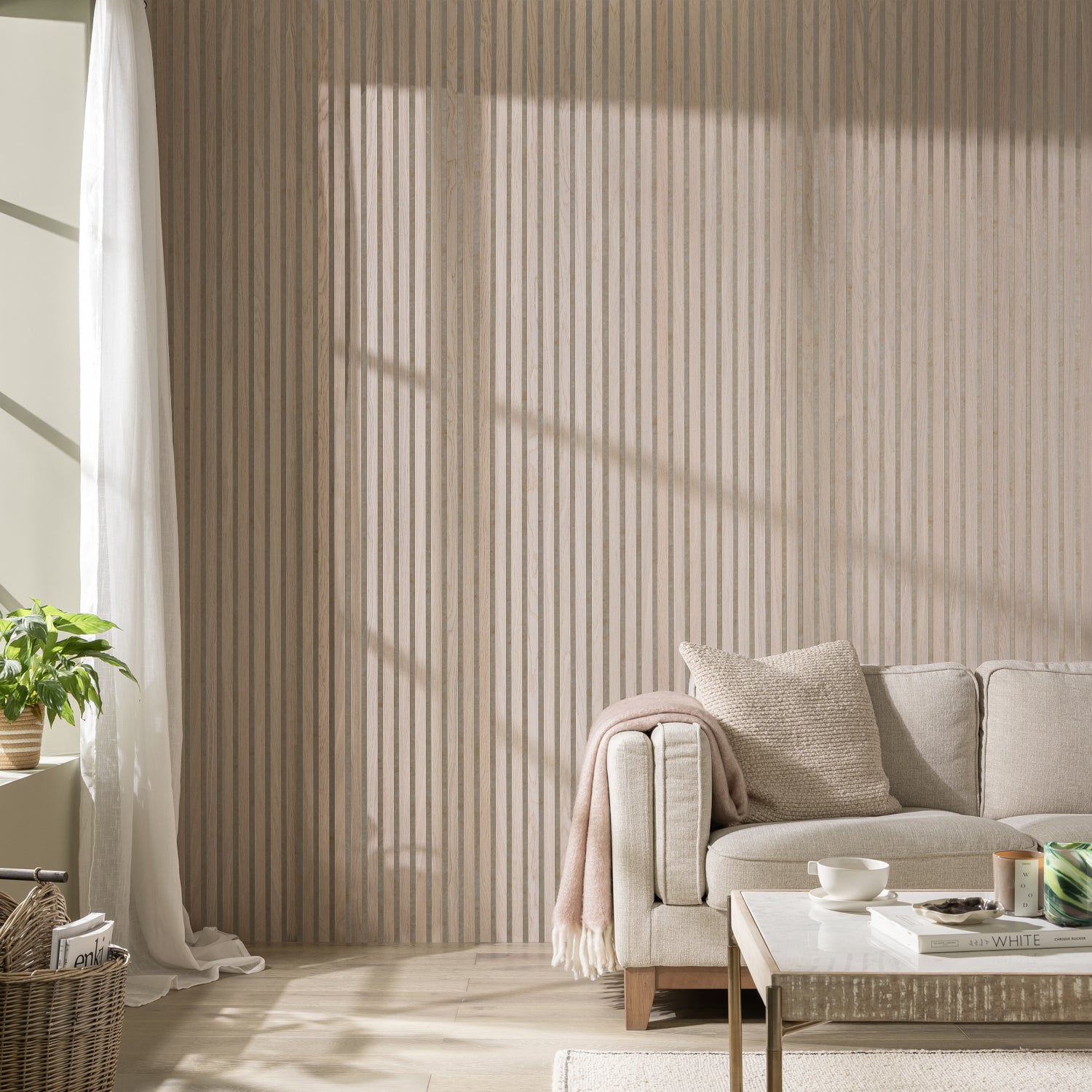 SlatWall Acoustic Whitewashed Oak Panel on Beige Felt