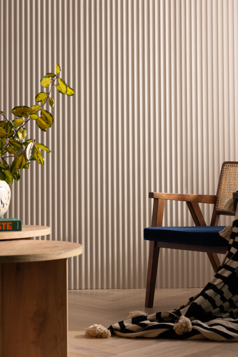 room set imgae to show close up of fluted mdf wall panel 
