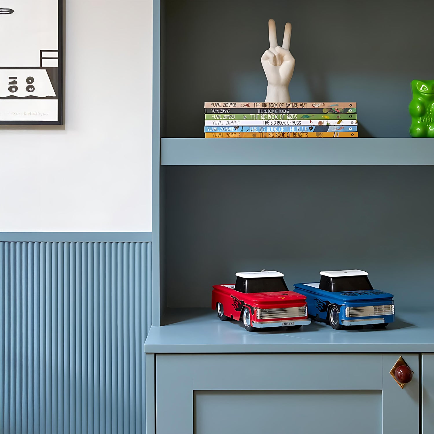 Office shelf with vibrant reeded wall panelling