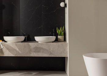 IMAGE OF BLACK SHOWER PANELS IN BATHROOM 
