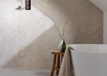 image of bathroom room set with stand alone bath and beige shower panels 
