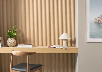 image of brown fluted wooden panel in desk room set 
