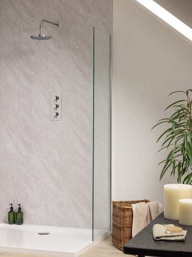 photo of dove grey sivara pvc shower panel in bathroom setting 