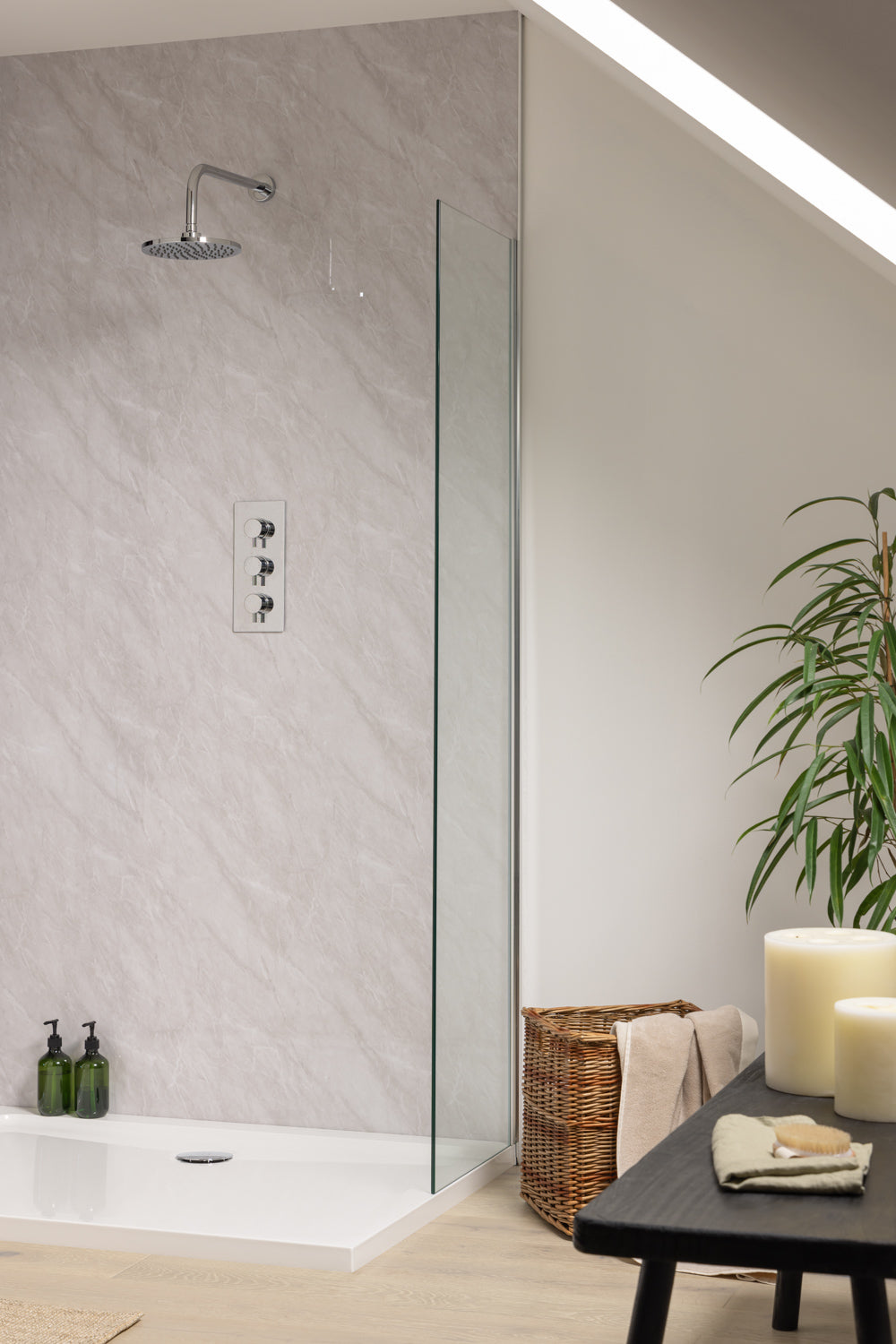 photo of dove grey sivara pvc shower panel in bathroom setting 