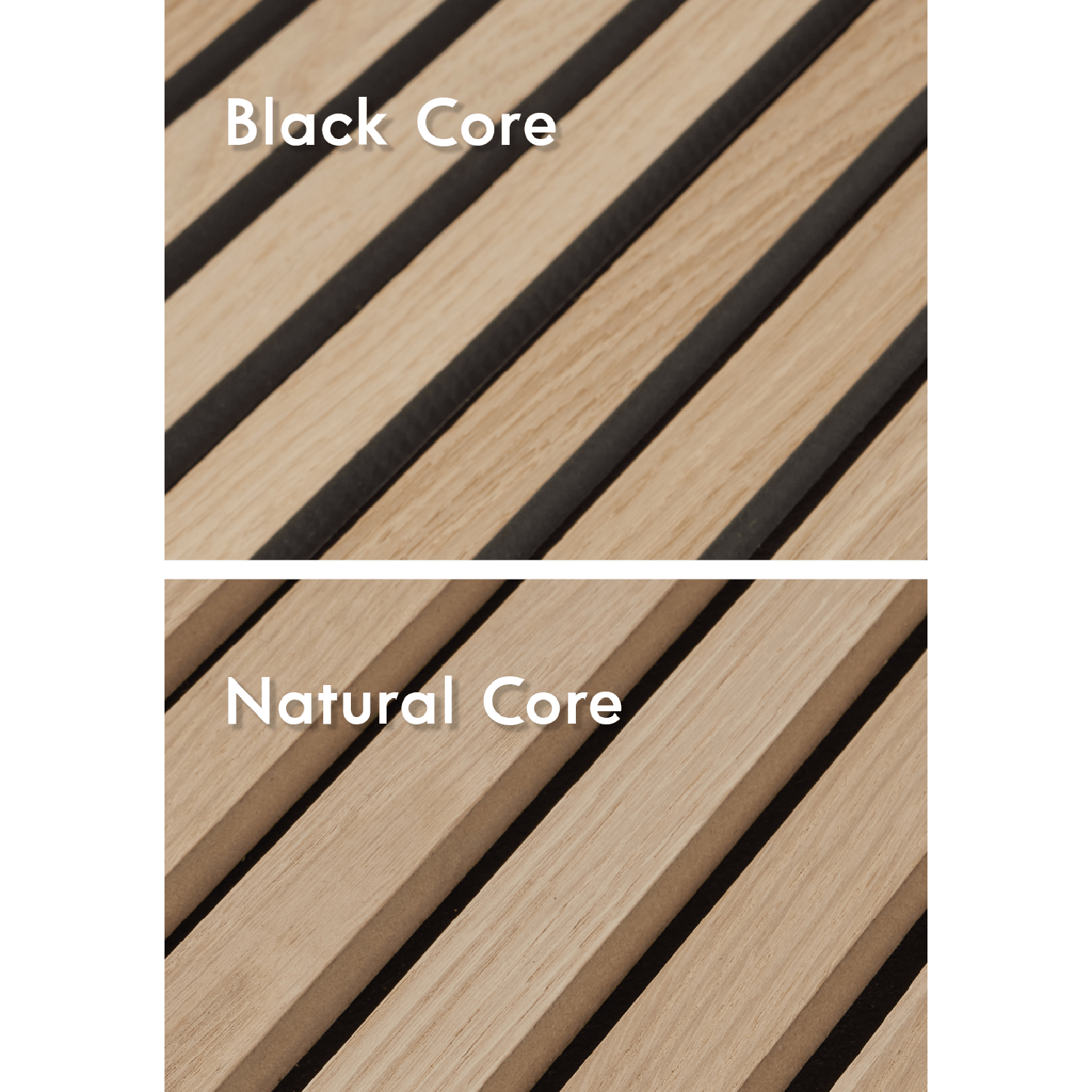 Comparison of black core and natural core materials with diagonal slats.