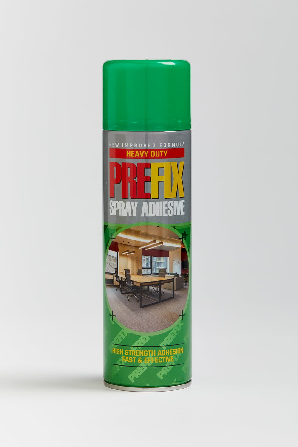 Contact Spray Adhesive can with green packaging and lid. "Heavy Duty, Pre-fix spray adhesive, high strength adhesion, fast and effective"