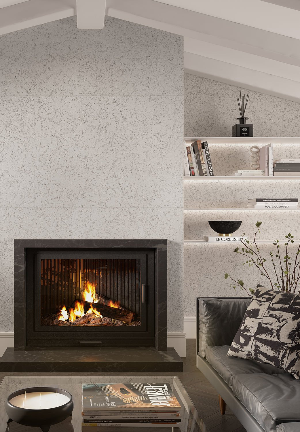 CorkWall Lagos White on the wall. Black marble fireplace and white shelving in alcove.
