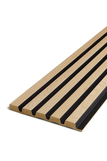 close up showing tongue end cap in natural oak and black fitting to the waterproof panel