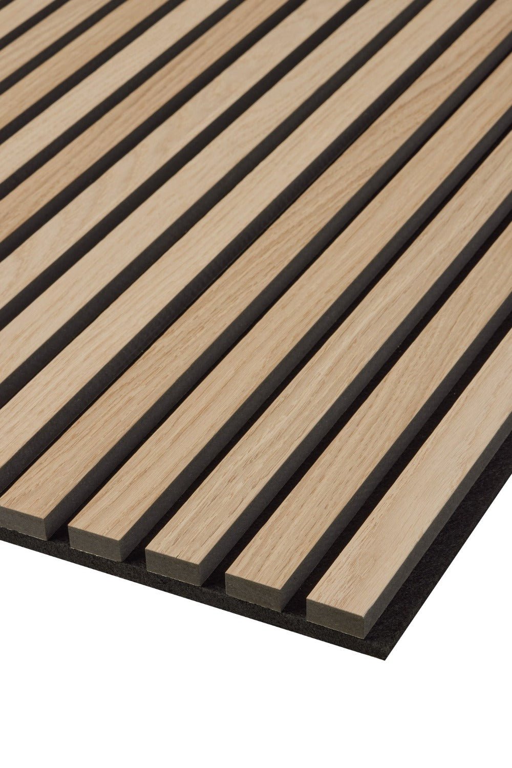 corner view of slatwall midi natural oak and black panel showing black mdf core

