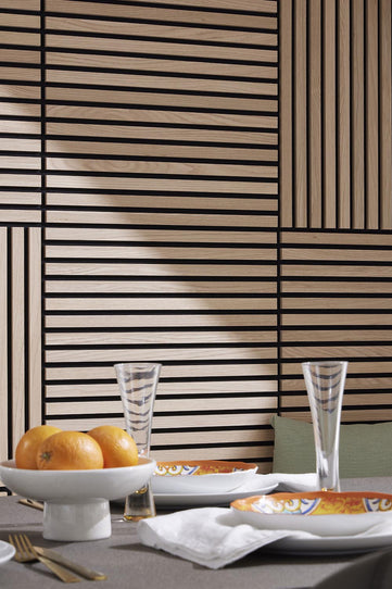 SlatWall Mini Natural Oak behind dining area set with black table