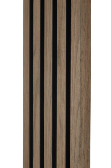 Walnut and Black SlatWall end cap from close up, showing groove and texture.