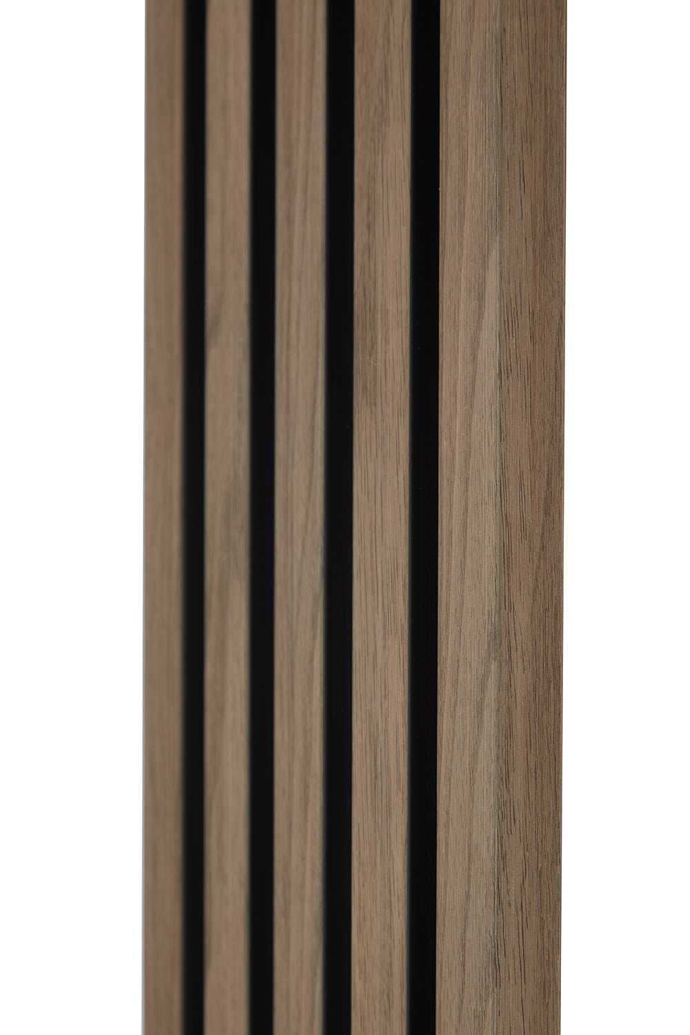 Walnut and Black SlatWall end cap from close up, showing groove and texture.