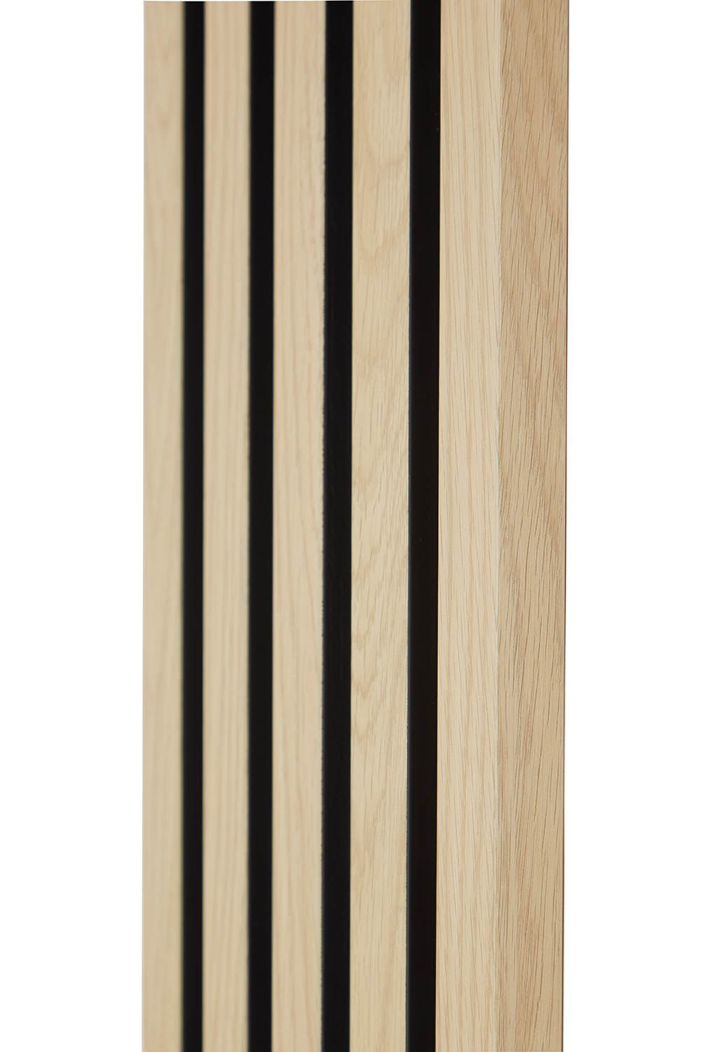 Close up of Natural Oak and Black SlatWall as if assembled.