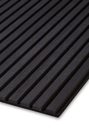 A close up of the Charcoal Black Acoustic SlatWall Panel corner from Naturewall.


