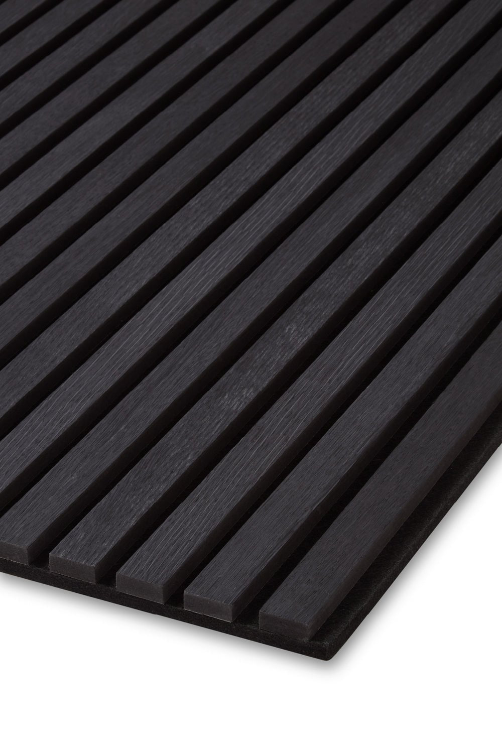 A close up of the Charcoal Black Acoustic SlatWall Panel corner from Naturewall.

