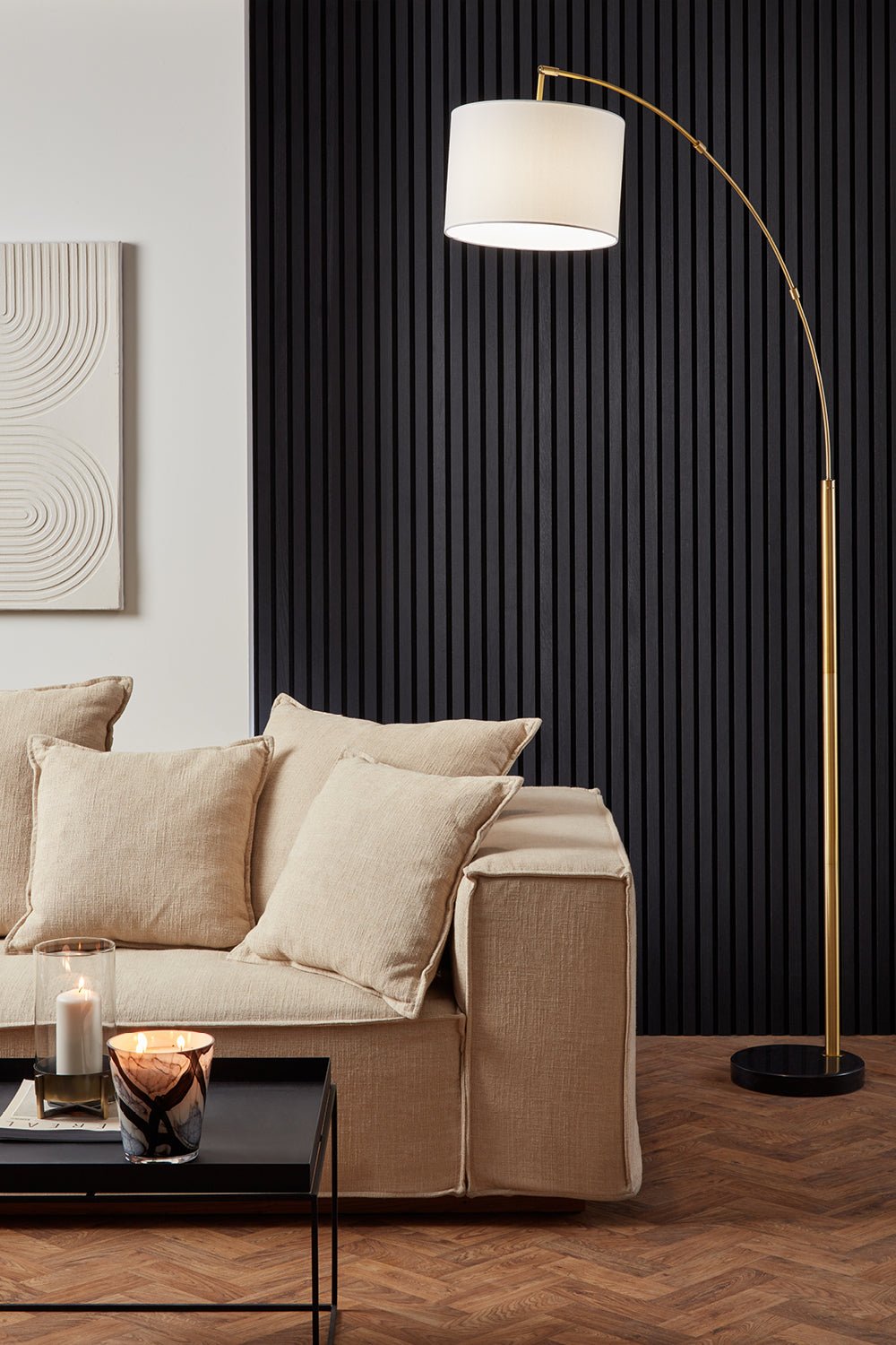 Charcoal Black Acoustic SlatWall Panels from Naturewall in a living room setting.

