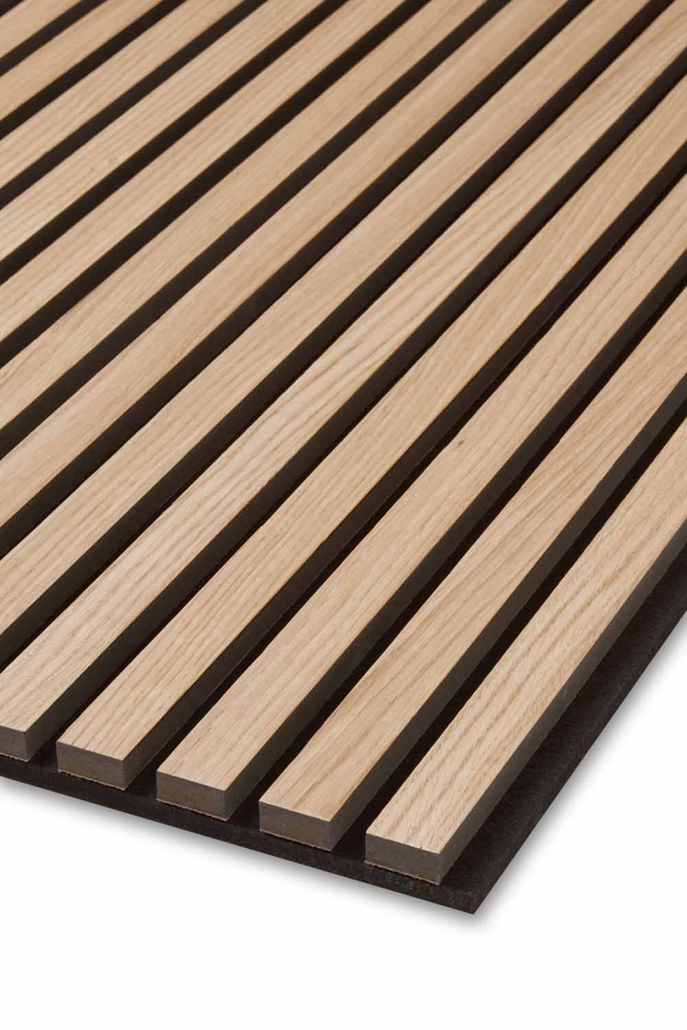 A close up of the Natural Oak and Black Acoustic SlatWall Panel corner from Naturewall, on felt backing. 
