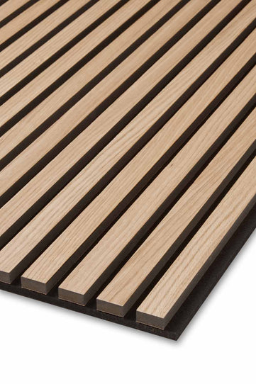 A close up of the Natural Oak and Black Acoustic SlatWall Panel corner from Naturewall, on felt backing. 