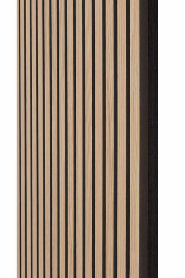 Side view of the Natural Oak and Black Acoustic SlatWall Panel from Naturewall, on felt backing. 
